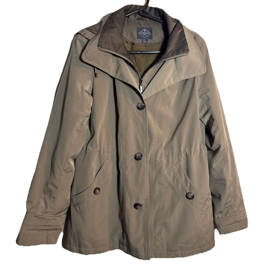 St. John's Bay Women's Jacket Small Tan‎ Zip Button Hooded Lined Coat Casual